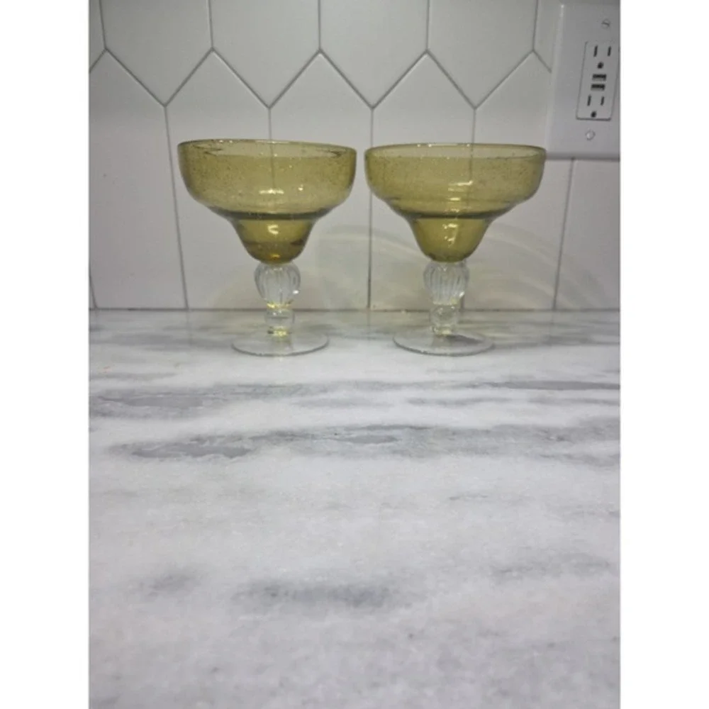 Pier 1 Hand Blown Margarita Glasses, Amber Bubble Design, Set of 2, Cocktail‎